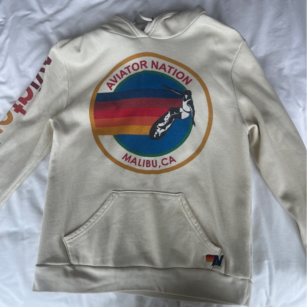 Aviator Nation Cream Hoodie with Multicolor Logo size M
